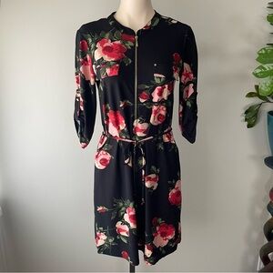 INC International Concepts Floral Front Zip Belted Mockneck Midi Dress Black Red